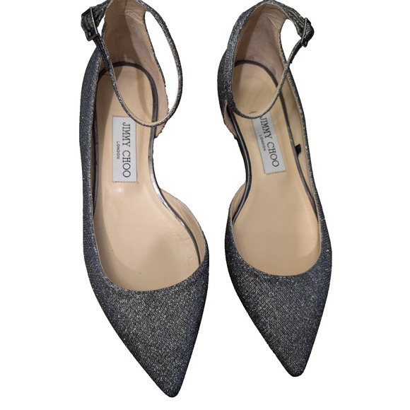 Jimmy Choo Ankle Strap Flats Glitter Metallic Sparkle 37.5 EUC - Picture 2 of 7